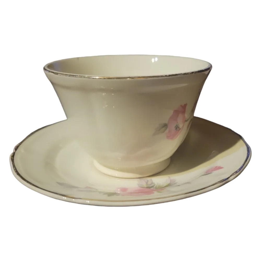Vtg 40's Tea Coffee Cup Saucer Plate Edwin Knowles Peony Rose Pink Gold Trim